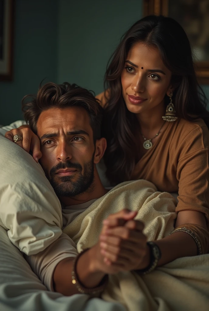 **Instagram Reel Prompt:**

"Create a heartfelt scene for an Instagram reel confession. Visualize a 2 man lying in bed, struggling with a spine issue. His eyes are weary, but there's a soft, hopeful light around him. His wife, a 2 beautiful and independent woman, dressed in a traditional saree stands beside him with unwavering support, holding his hand with love and strength. In the background, show a glimpse of a mobile phone with a supportive message from a sister figure, symbolizing the unseen bonds that provide hope. The mood is emotional yet filled with a sense of resilience and love, capturing the journey from suicidal thoughts to a hopeful future with the support of loved ones."
