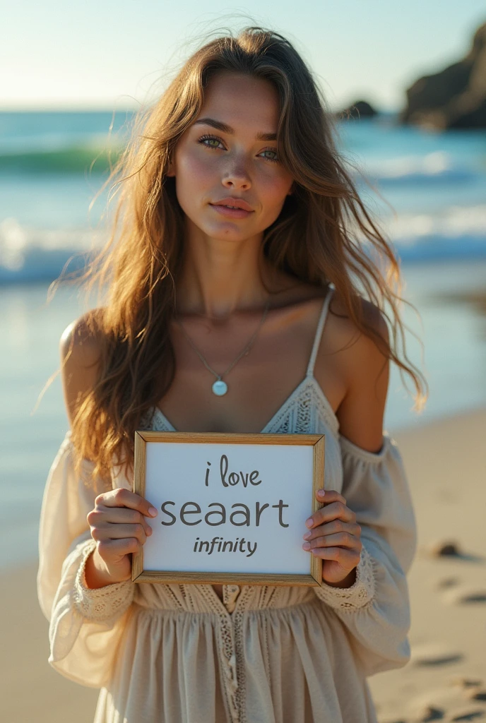 Beautiful girl with wavy long hair, bohemian dress, holding a white board with text "I Love Seaart Infinity" and showing it to the viewer