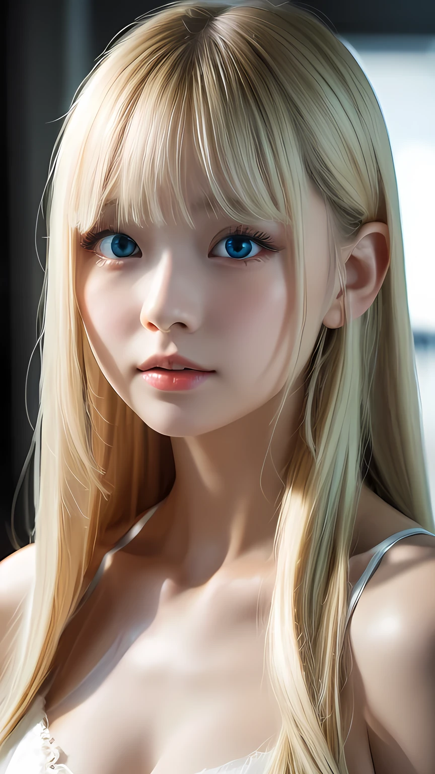 Highest quality、8K masterpiece、Ultra-high resolution、(Realistic:1.3)、RAW Photos、 A beautiful Scandinavian girl with mysteriously shining blonde hair、Silvery blonde hair、Super long straight hair、Bangs between the eyes、Bangs that cover the eyes、One side of the bangs that cover the eyes、Bangs between the eyes、Incredibly white, Glowing Skin、1. Cyberpunk Super Beautiful Soldier、((Ultra-Realistic Details))、Portraiture、Global Illumination、Shadow Realm、Octane Rendering、8k、Ultra Sharp、metals、Cool colors、、Very intricate details、Realistic Light、Trends of the CG Association、So beautiful、big、Bright Blue Eyes、Very big eyes、Eyes shining at the camera、Neon Details、Small Face Beauty、Round face、Highlights of cheek luster、eyeliner、double eyelid