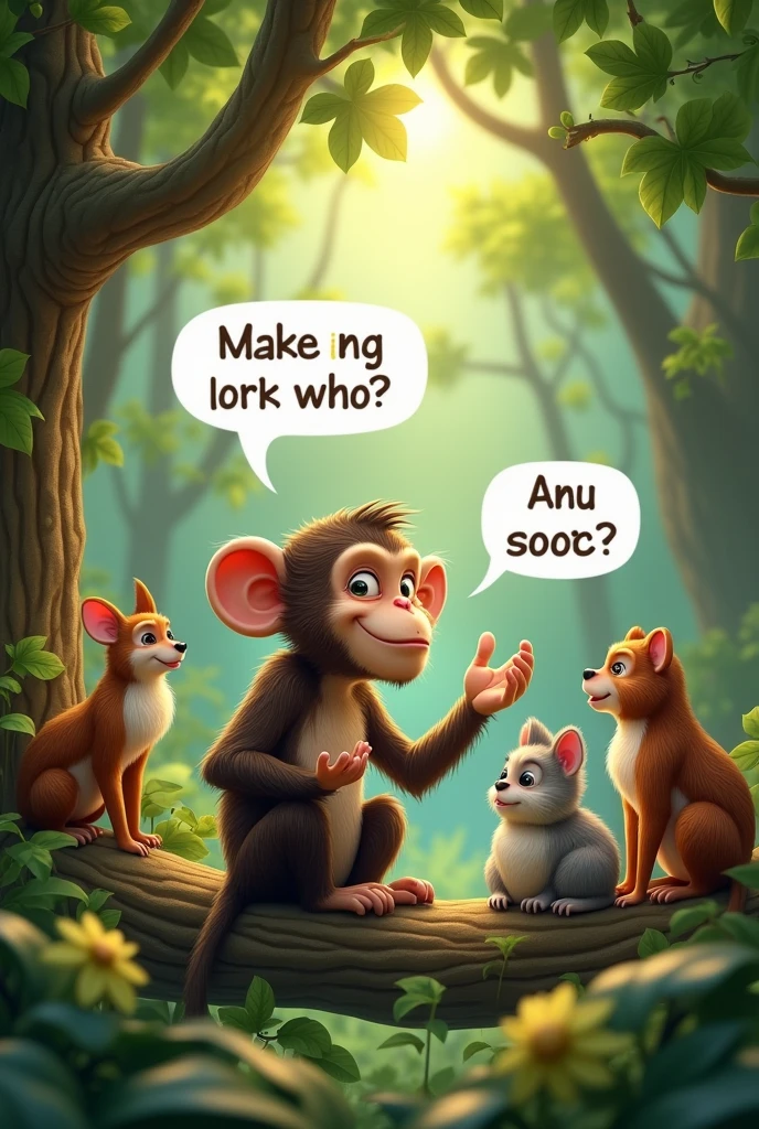 Monkey talking to animals in forest with text image above , white text