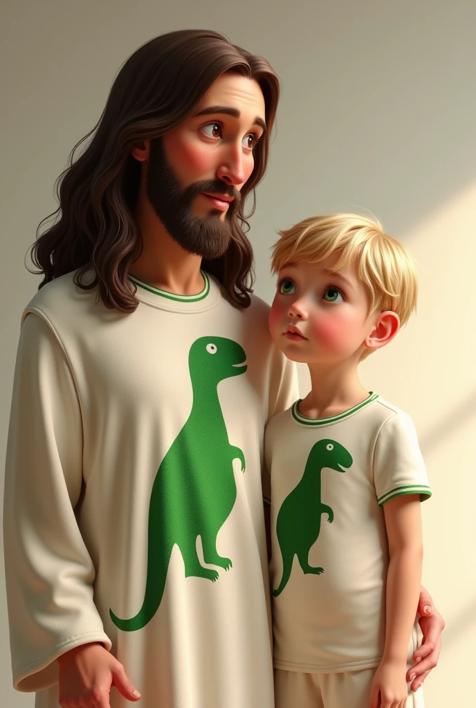 One of approximately , with short dark blonde hair, dark green eyes, with a white outfit with a green dinosaur printed in the center of that outfit, next to this child is Jesus Christ