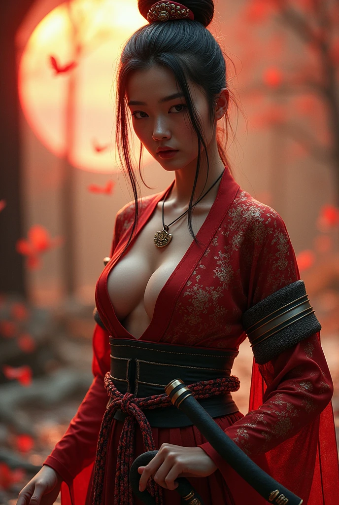 samurai woman, ((masterpiece, highest quality, Highest image quality, High resolution, photorealistic, Raw photo, 8K)), ((Extremely detailed CG unified 8k wallpaper)), (huge stunning goddess shot, very hot and , jaw-dropping beauty, perfect proportions, beautiful body, slim body beauty:1.4),