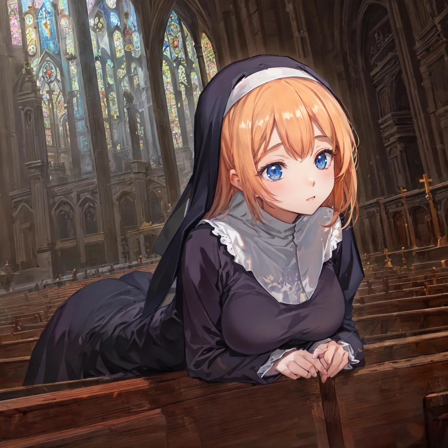 (Pencil Art:1.3),masterpiece, Highest quality,pastel colour,church,nun,dutch angle,Beautiful 5 fingers,Leaning forward,Place your face on your hands,{{beautiful medium-sized breasts1:4}},master peace ,{{beautiful blue eye1:4}},,(((Sacred))),Photoreal 1;4,{{blond hair}}, top quality, {{beautiful butt}}, cute girl, high quality background, 5 fingers