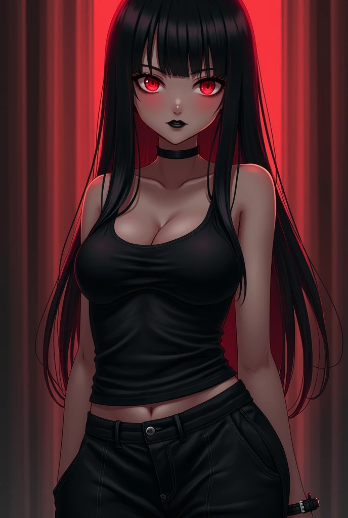 anime girl with red eyes, straight black hair with red highlights, black painted lips and black eyeliner, dressed in a black top and black baggy pants, She has medium sized breasts and no bangs