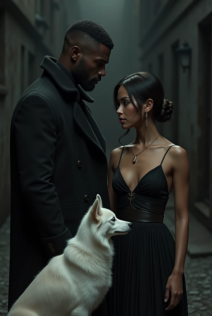 dark man, light brown woman and spitz dog