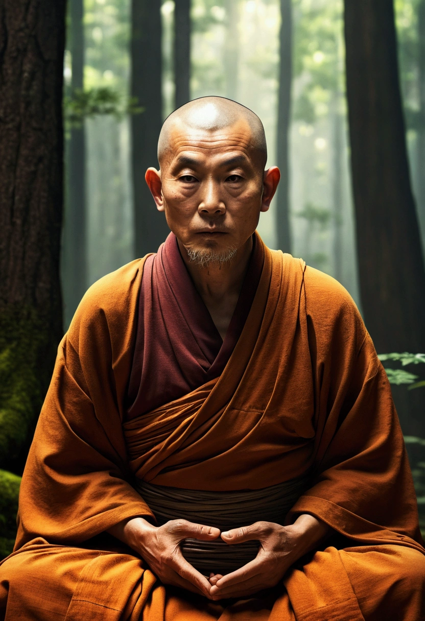 Imagine an old Zen monk, High-ranking monks, 　１６：９Horizontal, at the forest,.3d, Surrealism, cinematic lighting, hiper HD, super detaill, texturized skin, hiper HD, precise, texturized skin, attention to the details