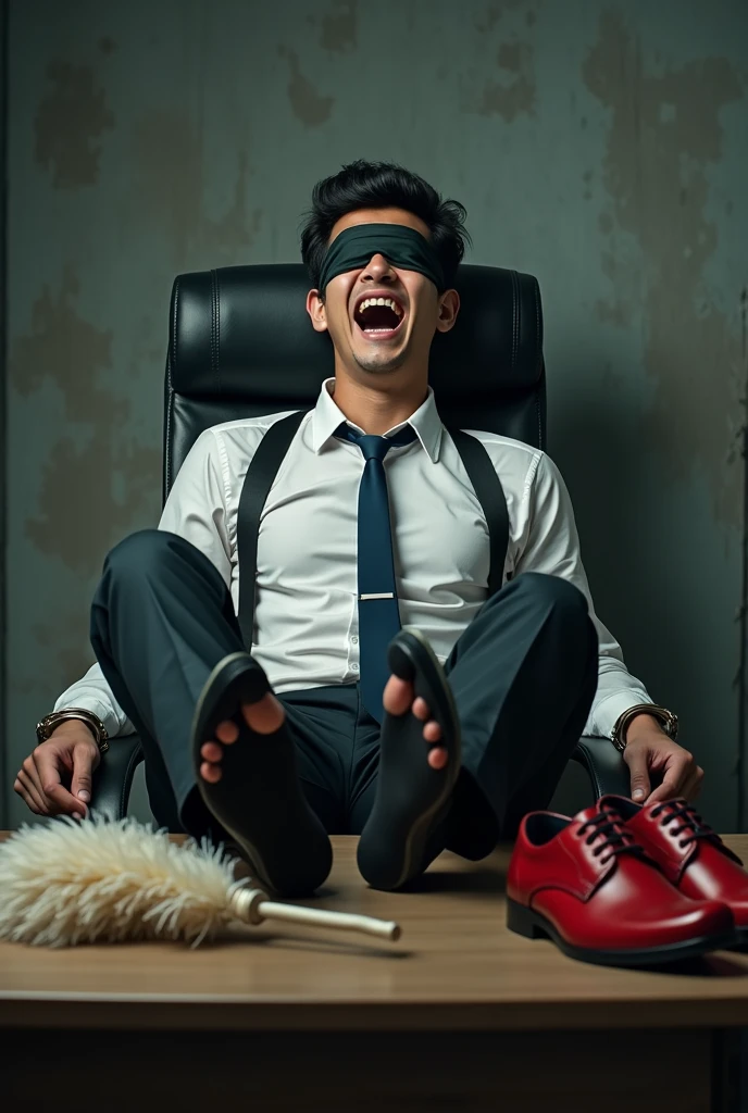 Malaysia malay handsome  19 years student 
He laugh very hard
His hand handcuff in  abondon warehouse 
Blindfolded
handcuff
Formal Work Outfit
Focus Sweaty hot feet on desk
feather duster on desk 
black socks on the desk
 red shoes take on the desk
