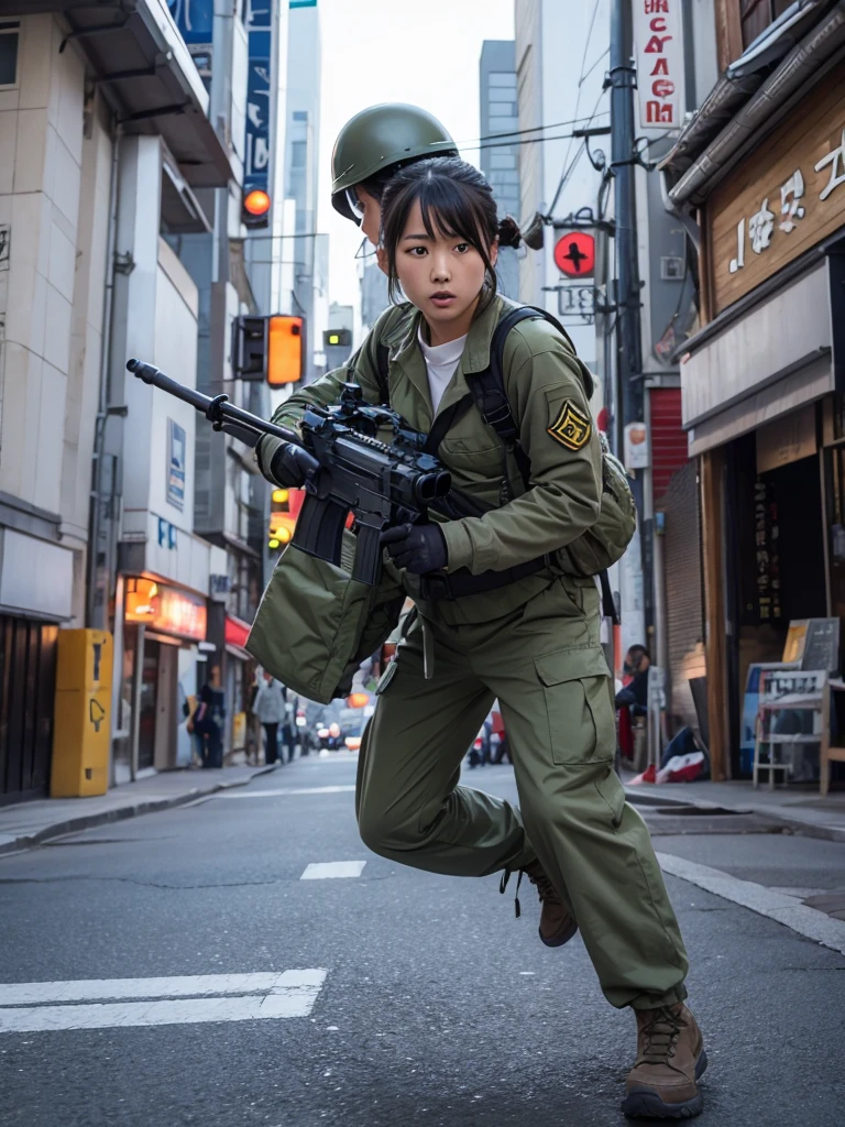 Japanese female soldier fighting in an alien-invaded city