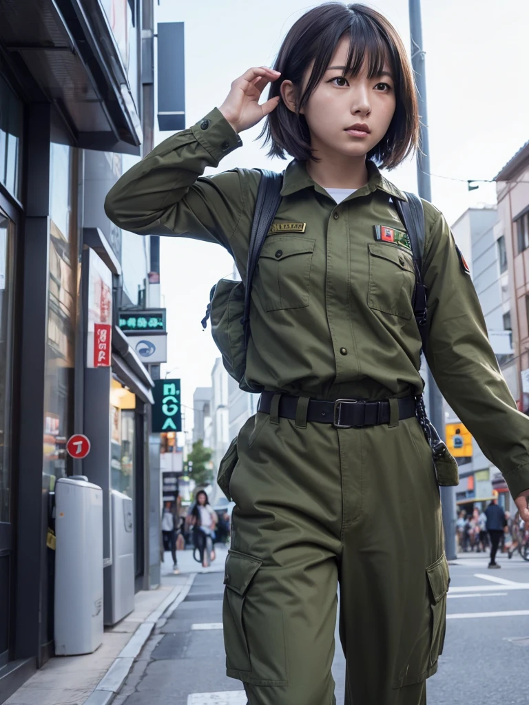 Japanese female soldier fighting in an alien-invaded city