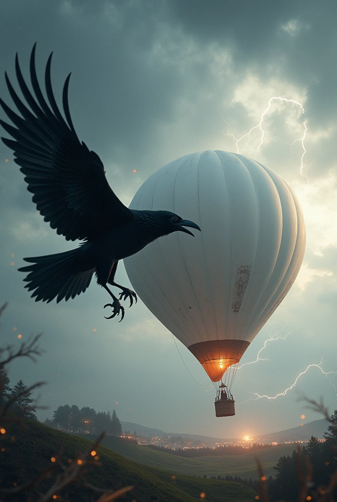 An epic battle between a crow and a white hot air balloon.