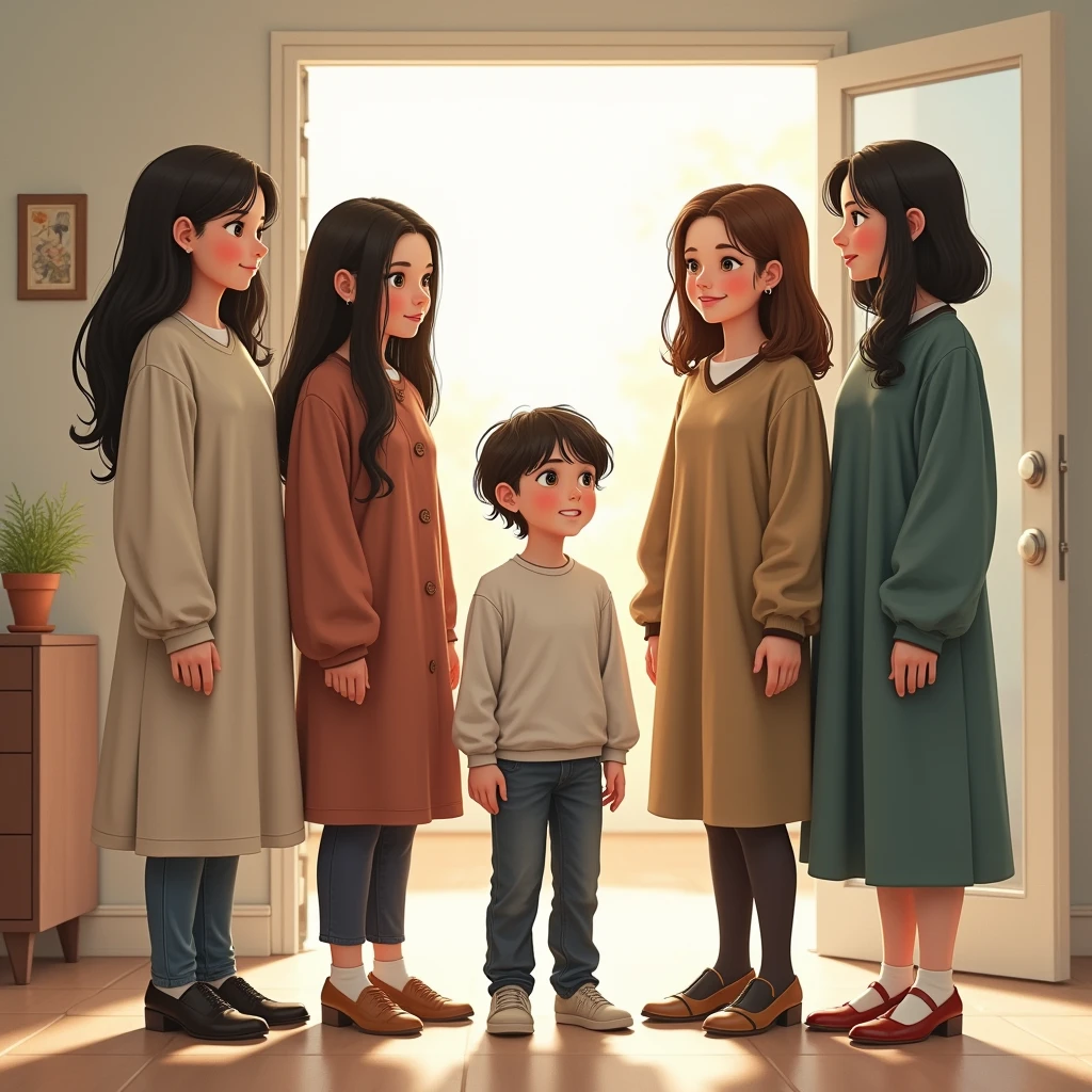 A realistic scene of a short young man standing in the center, surrounded by his six very tall sisters. Three of the sisters are standing closely on his left side, and the other three are standing on his right. The brother looks significantly shorter in comparison to his towering sisters, who all share similar features but vary slightly in height and appearance. The setting is neutral, perhaps a simple, well-lit room or outdoor area, with the focus on the noticeable height difference and the familial connection between the brother and his tall sisters