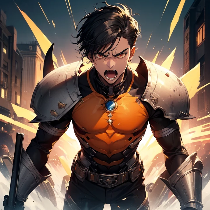 Masterpiece, High Resolution, HD, High Quality, UHD, Super Detailed, Best Quality, High Details, Fantasy, grimdark, alone solo character, no deformities. Chaotic scenery.
{{(1character: a 26 young man warrior:(white skin, black hair, short emo hair, orange eyes, open mouth and screaming in fear, tall complexion, slender complexion, rounded nose, big eyebrows, delicated features, handsome manly, scared expression),(black sharp armor, black shoulder plates, white boots),(holding with both hands a long sword, innocent demeanor, scared and desperately, very scared and trying to fight and deffend himself, looking at the monsters),(very modern city, blue day sky, bright twin golden suns in the sky, fantasy modern london city, Red Fat Monsters around, red fat monsters attacking the city)))}}