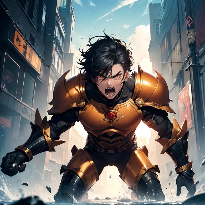Masterpiece, High Resolution, HD, High Quality, UHD, Super Detailed, Best Quality, High Details, Fantasy, grimdark, alone solo character, no deformities. Chaotic scenery.
{{(1character: a 26 young man warrior:(white skin, black hair, short emo hair, orange eyes, open mouth and screaming in fear, tall complexion, slender complexion, rounded nose, big eyebrows, delicated features, handsome manly, scared expression),(black sharp armor, black shoulder plates, white boots),(holding with both hands a long sword, innocent demeanor, scared and desperately, very scared and trying to fight and deffend himself, looking at the monsters),(very modern city, blue day sky, bright twin golden suns in the sky, fantasy modern london city, Red Fat Monsters around, red fat monsters attacking the city)))}}