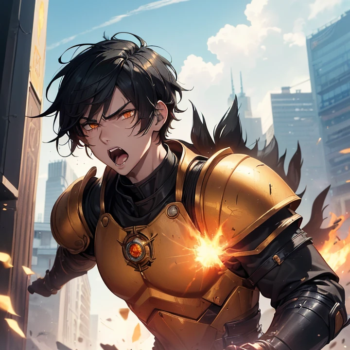 Masterpiece, High Resolution, HD, High Quality, UHD, Super Detailed, Best Quality, High Details, Fantasy, grimdark, alone solo character, no deformities. Chaotic scenery.
{{(1character: a 26 young man warrior:(white skin, black hair, short emo hair, orange eyes, open mouth and screaming in fear, tall complexion, slender complexion, rounded nose, big eyebrows, delicated features, handsome manly, scared expression),(black sharp armor, black shoulder plates, white boots),(holding with both hands a long sword, innocent demeanor, scared and desperately, very scared and trying to fight and deffend himself, looking at the monsters),(very modern city, blue day sky, bright twin golden suns in the sky, fantasy modern london city, Red Fat Monsters around, red fat monsters attacking the city)))}}