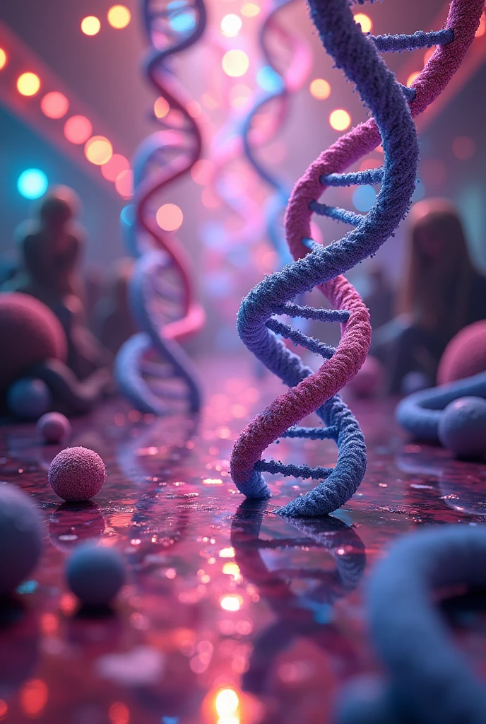A dance floor where you can see DNA chains from mitochondria and chloroplasts dancing together, as if they were part of a genetic party.