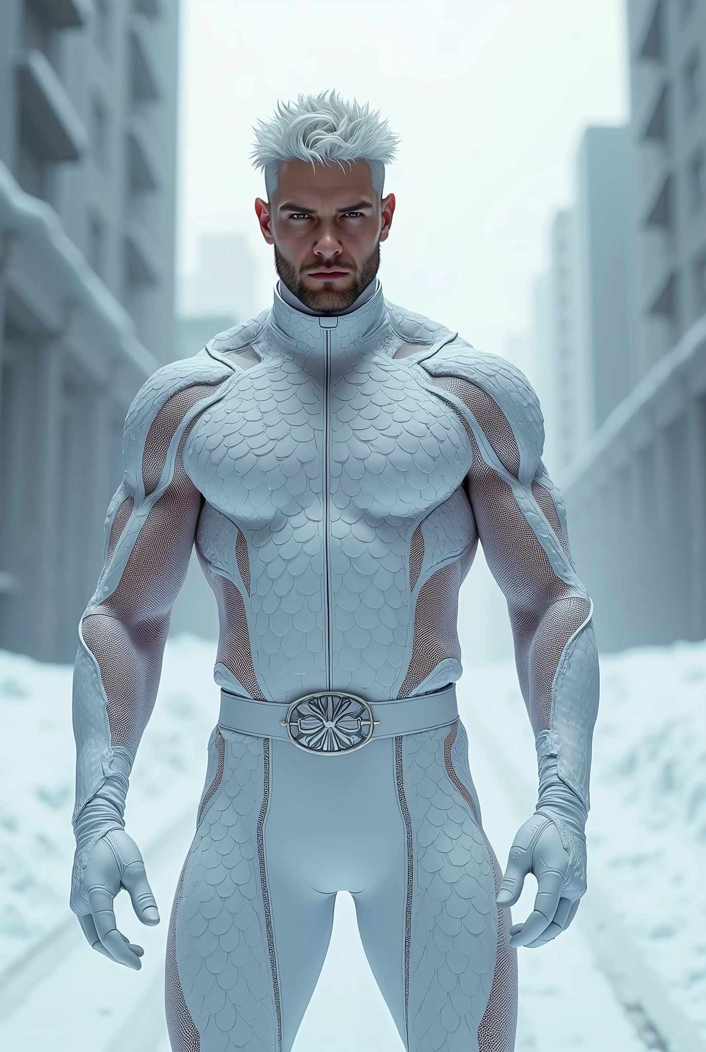 Full body photorealistic handsome hunky masculine Legion white messy haired fractal white skinned Jack Frost,,unreal engine, extremely attractive male wearing white scales transparent mesh latex spandex,, with belt and gloves,, extremely masculine physique, intricately detailed, super bulge, realistic skin, short tousled hair, futuristic snowy city as background