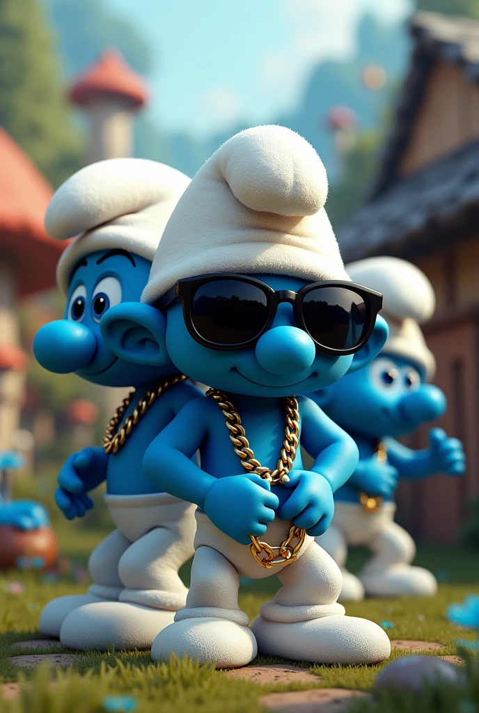 Create a smurfs style image with chains and black glasses