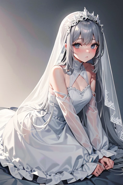 Veil on head, gray veil, cabelo offwhite com cinza, grayness / offwhite,arrogant and indifferent girl, sexy white lingerie, Globos oculares offwhites, olhos offwhites, grayness / offwhite, blush, looking ahead at viewer