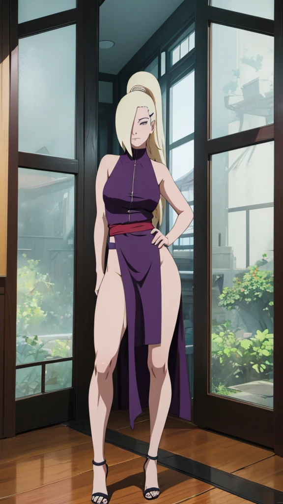 a beautiful detailed portrait of Ino Yamanaka from the anime Naruto Shippuden, naked, striking a seductive pose, showing off her long, shapely legs, highly detailed, 8k, photorealistic, dynamic lighting, vibrant colors, cinematic composition, dramatic lighting, vestido grudado longo