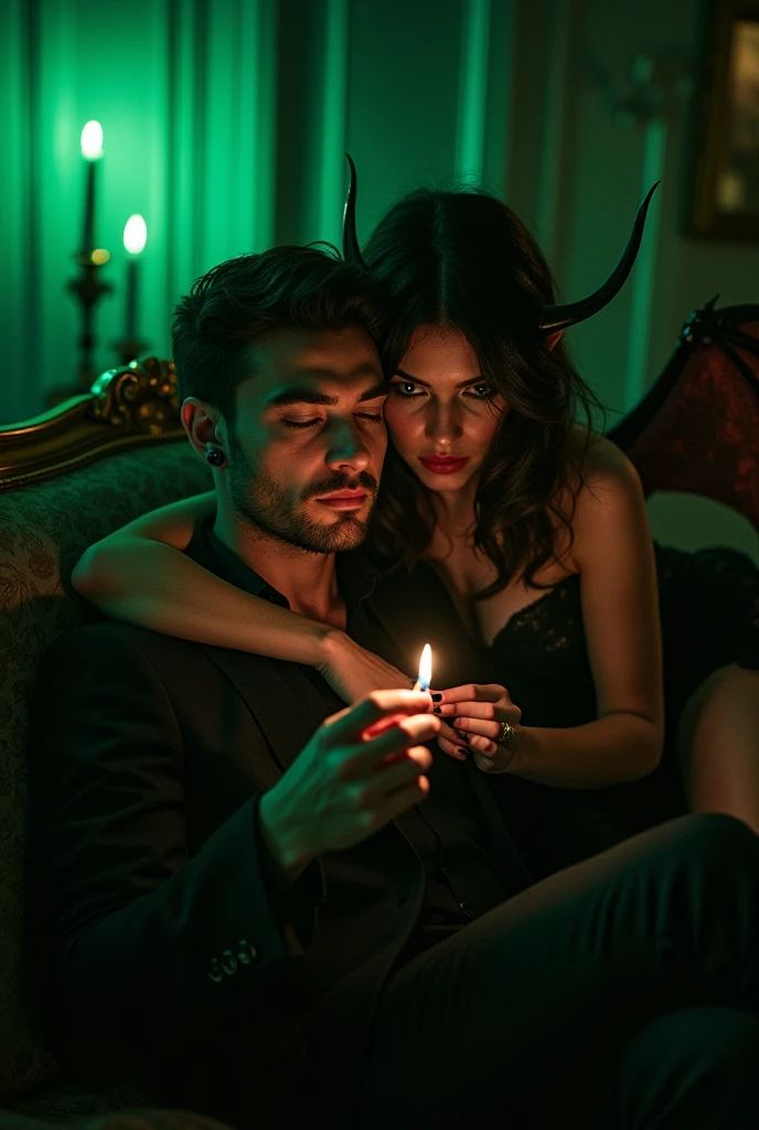 Close-up portrait, a man sitting on a sofa lits a cigarrete, dark lighting, an attractive winged female demon hugs him from behind with sharp teeth, green fire candles, in opulent dark room, low lighting, high detail, fantasy background, photography