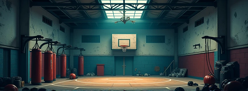 Could you create an image of a gym?, in dark tones cartoonish without people with 851 width x 315 height