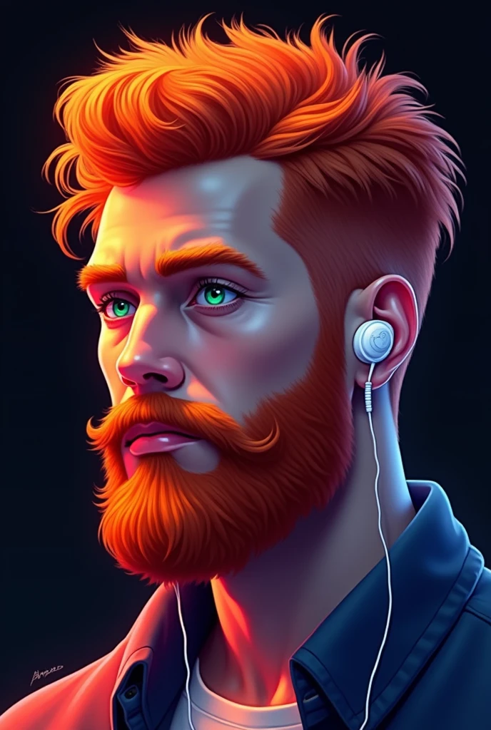 A digital illustration of a man with voluminous and wavy orange and red hair styled in a pompadour up and back. He has a full, well-groomed red beard that matches his hair. His skin has a soft glow, with warm orange and pink tones used to create depth and contour. He has clear, light green or blue eyes that contrast with the warm tones of his face. His expression is serious and contemplative, with his face turned slightly to the side. He wears a white wired headphone on one ear, suggesting modern technology. The background is a deep black, allowing the portrait to stand out dramatically. The image has a soft, bright gradient effect, creating a neon or holographic appearance.