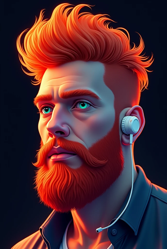 
A digital illustration of a man with voluminous and wavy orange and red hair styled in a pompadour up and back. He has a full, well-groomed red beard that matches his hair. His skin has a soft glow, with warm orange and pink tones used to create depth and contour. He has clear, light green or blue eyes that contrast with the warm tones of his face. His expression is serious and contemplative, with his face turned slightly to the side. He wears a white wired headphone on one ear, suggesting modern technology. The background is a deep black, allowing the portrait to stand out dramatically. The image has a soft, bright gradient effect, creating a neon or holographic appearance.