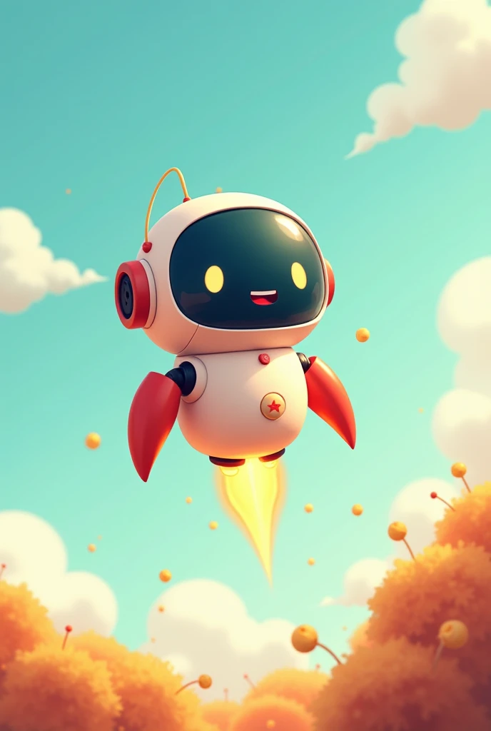 CREATE A 2D ROBOT DRAWING THAT HAS NO LEGS OR ARMS AND FLIES WITH ROCKETS FOR KIDS