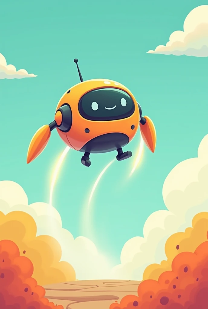 CREATE A 2D ROBOT DRAWING THAT HAS NO LEGS OR ARMS AND FLIES WITH ROCKETS FOR KIDS