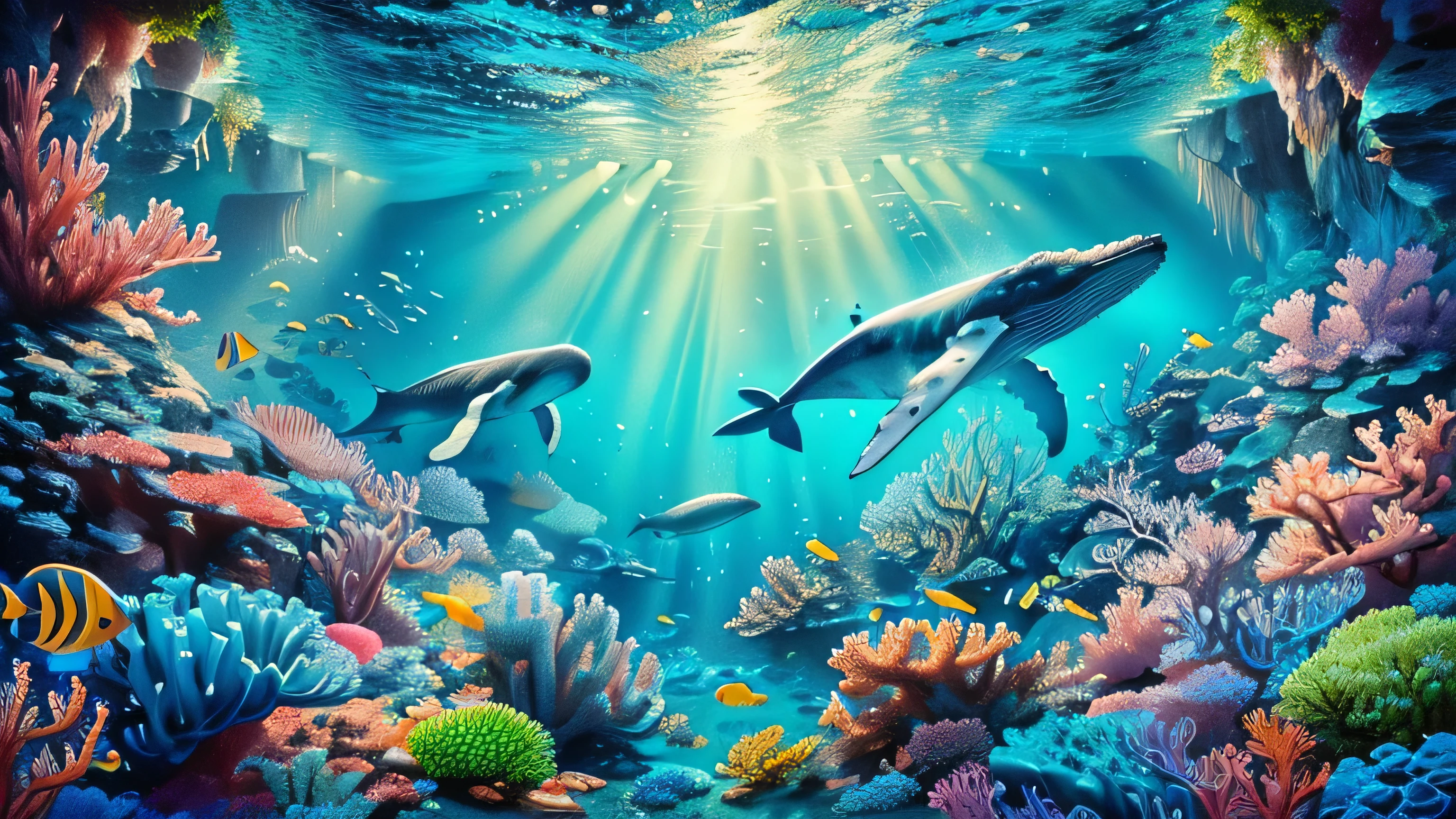 painting of two humpback whales swimming in a Coral reef, Coral reef, ambiente submarino, incredible depth, underwater scenery, underwater world, underwater setting, stunningly beautiful, whales, underwater landscape, incredible depth, underwater environment, fantastically beautiful, fantasy sea landscape, majestic beautiful world, deep underwater scene, beautiful environment, beautiful nature, Coral reefs