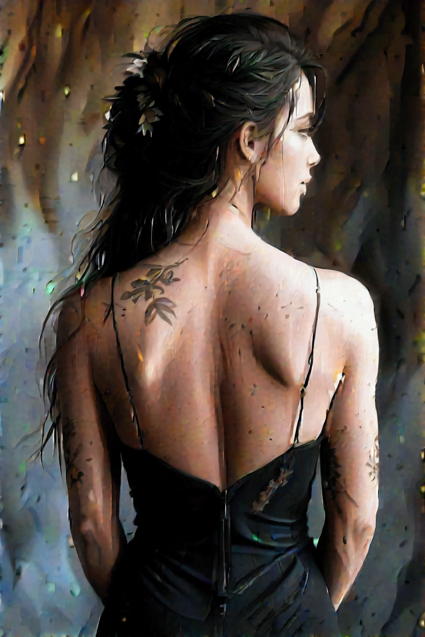 A woman with a medium complexion, likely in her late s to mid-twenties, stands with her back to the camera. Her long, light brown hair cascades down her back, styled straight and loose with a center parting. Her black, strapless top reveals her back and shoulders, and appears to be made of a stretchy material like spandex or a spandex blend, fitting her body closely.

On her right upper arm, a black ink tattoo of a flower with a detailed design covers a significant portion of her skin. The tattoo is intricately designed, with delicate petals and intricate details that catch the light.

The subject's posture is straight, with her arms relaxed at her sides. Her head is turned to look over her right shoulder, her eyes looking directly at the camera with a hint of intensity. Her expression is otherwise neutral, with a subtle, soft quality to her features.

The background is a light grey color with a soft gradient, giving the image a sense of depth and dimensionality. The lighting is soft and diffused, coming from a source in front of the subject, and illuminates her face and upper body evenly. There are no harsh shadows or distractions, keeping the focus squarely on the subject.

The image is high-resolution, with good detail and clarity. The subject's features, tattoos, and clothing are all clearly visible, with a level of texture and dimension that draws the viewer in.

Image Specifications:

Resolution: High-resolution
File format: JPEG or similar
Dimensions: 3000 x 2000 pixels or similar
Color depth: 24-bit or similar
File size: 5-10 MB or similar