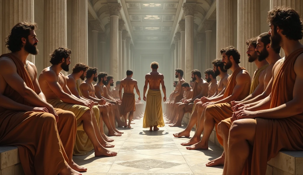 Prompt para Imagem: Sociedade Secreta dos Filósofos
“Inside a grand marble hall, a secret society of young Stoic philosophers gathers. The room is majestic, with tall marble columns reaching the high ceiling, creating an atmosphere of exclusivity and power. The philosophers, all strikingly handsome with well-proportioned physiques, have tanned, sun-kissed skin. Their beards are meticulously groomed, and their wavy hair is perfectly styled, enhancing their allure.
They are dressed in tunics of varying styles—some with shorter lengths that reveal well-toned legs, others more form-fitting, subtly outlining their muscular bodies. The tunics are made from soft, luxurious fabric in earthy tones, with occasional hints of gold or copper. The shoulder of one or two philosophers is intentionally exposed, adding a touch of sensuality to their appearance.
In the room, some philosophers are seated on marble chairs, while others stand in small groups. They engage in intense discussions about intellectual projects, but beneath the surface, there is a palpable tension. The atmosphere is charged with subtle glances and discreet smiles, hinting at unspoken connections and hidden intentions. The fact that women are not allowed, and the membership is highly selective, adds to the air of mystery.
The scene is painted in a rich, almost surreal style, capturing the interplay of light and shadow on the polished marble and the philosophers’ bronzed skin. Every detail emphasizes the exclusivity and the enigmatic nature of what transpires within this secretive gathering.”
This prompt should effectively capture the luxurious, mysterious, and subtly charged atmosphere of the secret society of philosophers.