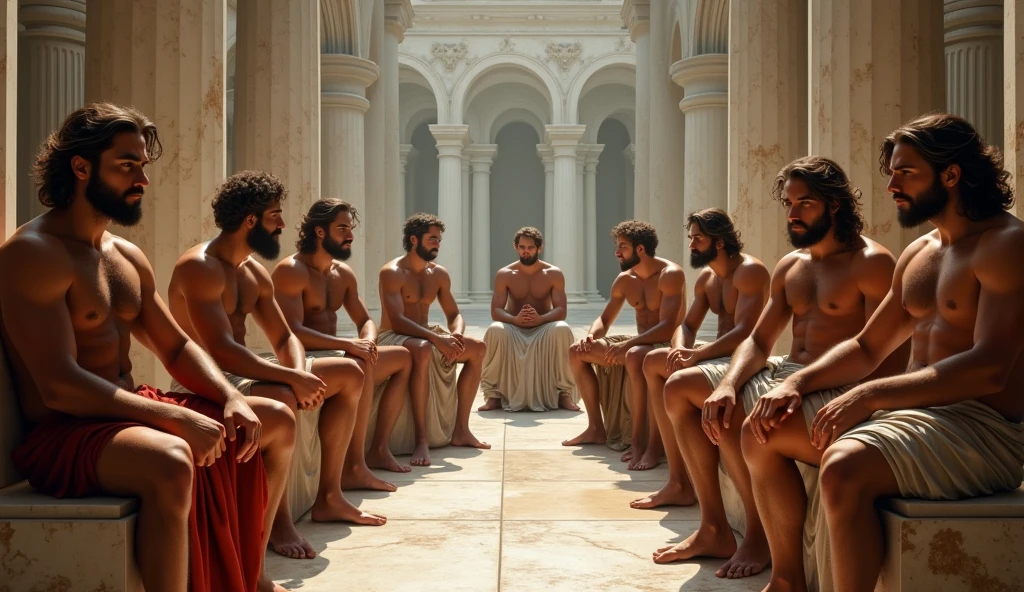 Prompt para Imagem: Sociedade Secreta dos Filósofos
“Inside a grand marble hall, a secret society of young Stoic philosophers gathers. The room is majestic, with tall marble columns reaching the high ceiling, creating an atmosphere of exclusivity and power. The philosophers, all strikingly handsome with well-proportioned physiques, have tanned, sun-kissed skin. Their beards are meticulously groomed, and their wavy hair is perfectly styled, enhancing their allure.
They are dressed in tunics of varying styles—some with shorter lengths that reveal well-toned legs, others more form-fitting, subtly outlining their muscular bodies. The tunics are made from soft, luxurious fabric in earthy tones, with occasional hints of gold or copper. The shoulder of one or two philosophers is intentionally exposed, adding a touch of sensuality to their appearance.
In the room, some philosophers are seated on marble chairs, while others stand in small groups. They engage in intense discussions about intellectual projects, but beneath the surface, there is a palpable tension. The atmosphere is charged with subtle glances and discreet smiles, hinting at unspoken connections and hidden intentions. The fact that women are not allowed, and the membership is highly selective, adds to the air of mystery.
The scene is painted in a rich, almost surreal style, capturing the interplay of light and shadow on the polished marble and the philosophers’ bronzed skin. Every detail emphasizes the exclusivity and the enigmatic nature of what transpires within this secretive gathering.”
This prompt should effectively capture the luxurious, mysterious, and subtly charged atmosphere of the secret society of philosophers.