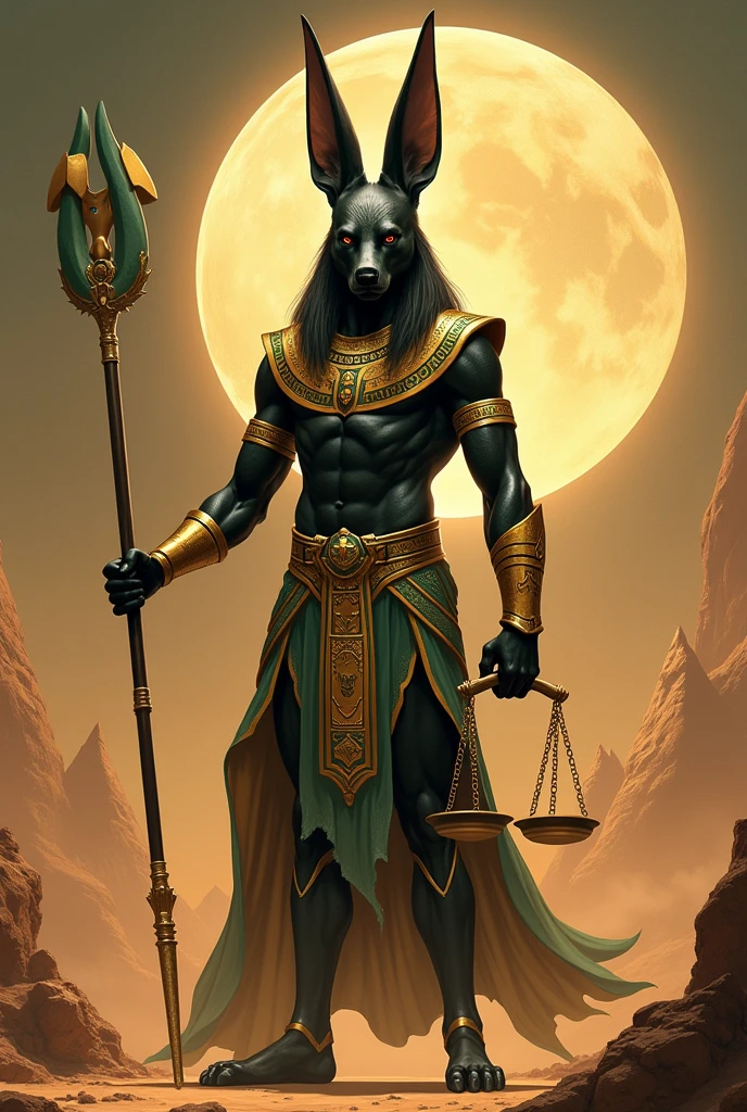 Anubis full-length, black skin, ears in 1/2 head proportion, wearing Pharaoh's hood headdress, claft klaft on head, formidable and warlike, in armour, in gold and green, with scales in left hand, staff in right hand, on the background of the crescent moon in the desert, on the sides the symbols of Anubis,
