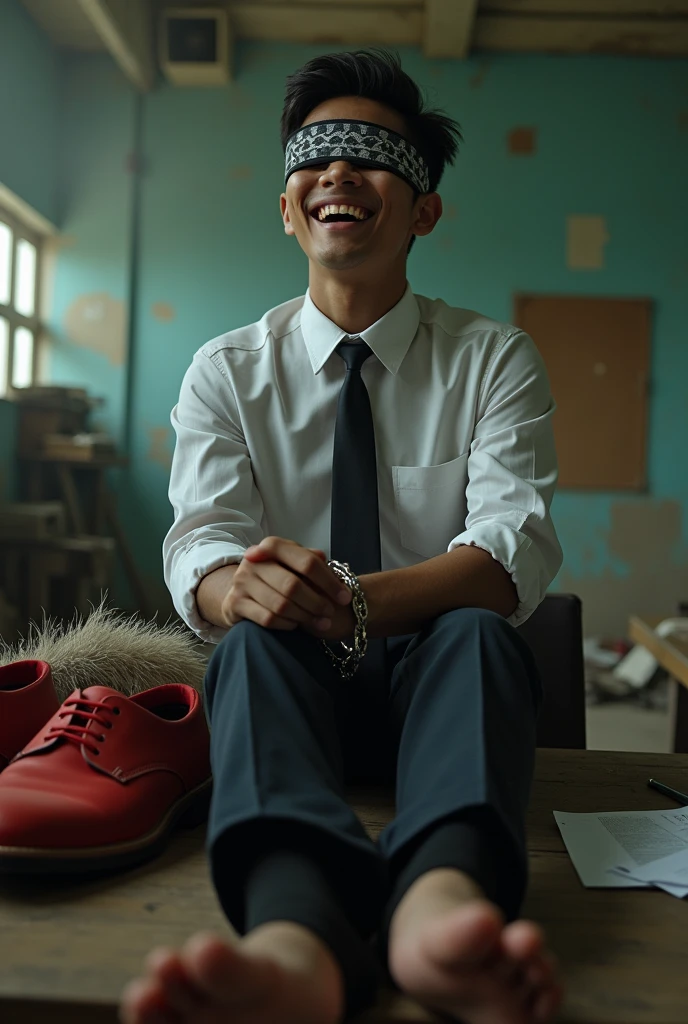 Malaysia malay handsome  19 years student 
He laugh very hard
His hand handcuff in  abondon warehouse 
Blindfolded
handcuff
Formal Work Outfit
Focus Sweaty hot feet on desk
feather duster on desk 
 red shoes take on the desk
Black sock inside the shoes 
