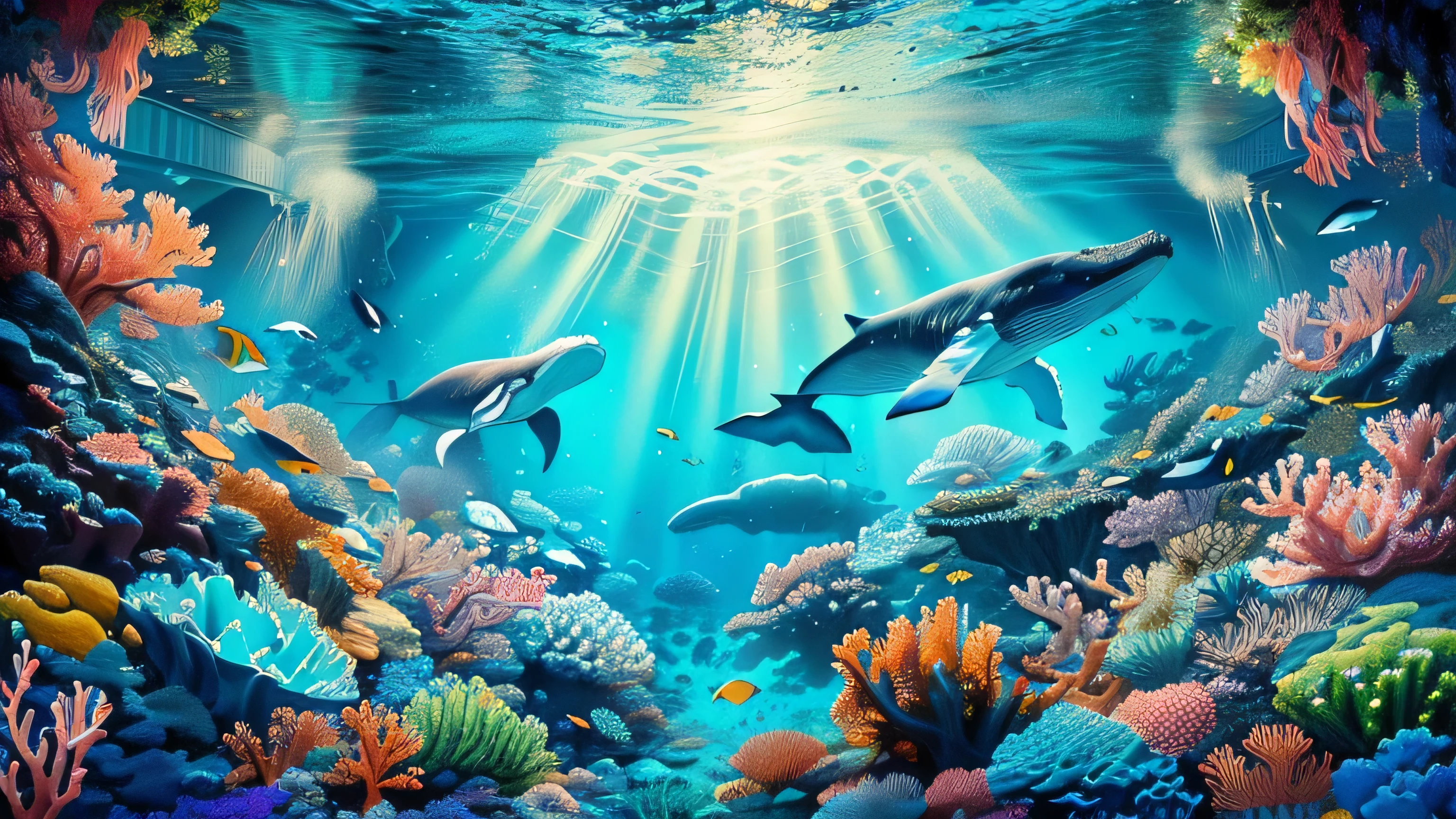 painting of two humpback whales swimming in a Coral reef, Coral reef, ambiente submarino, incredible depth, underwater scenery, underwater world, underwater setting, stunningly beautiful, whales, underwater landscape, incredible depth, underwater environment, fantastically beautiful, fantasy sea landscape, majestic beautiful world, deep underwater scene, beautiful environment, beautiful nature, Coral reefs