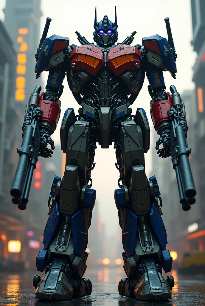 Optimus Prime, robot, cyborg, mechanical, futuristic, highly detailed, cinematic lighting, dramatic pose, arms positioned as guns, metallic, industrial, intricate machinery, glowing eyes, powerful, heroic, epic, sci-fi, (best quality,4k,8k,highres,masterpiece:1.2),ultra-detailed,(realistic,photorealistic,photo-realistic:1.37)