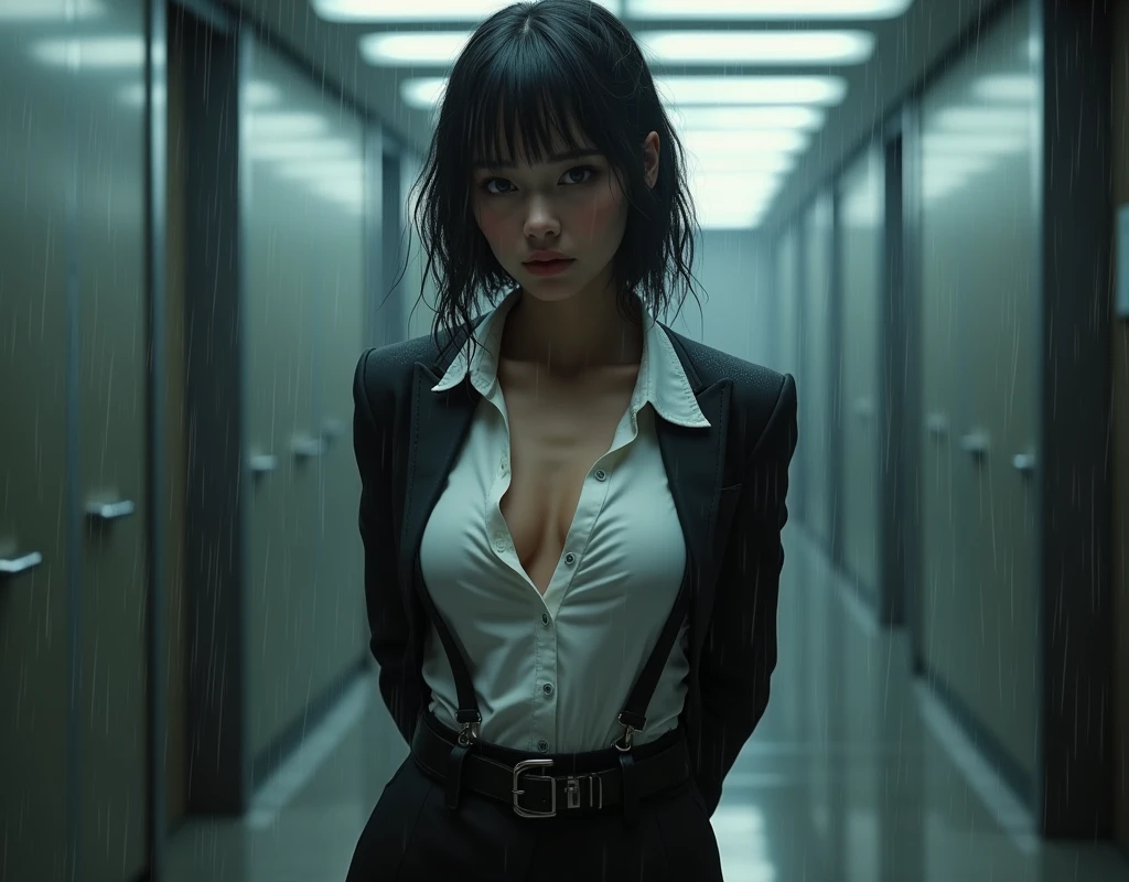a woman in a suit, belt, hands behind back, sweating, suspenders, black pants, sexly, large breasts, see-through clothing, rain, detective, office worker, white button-up shirt, (best quality,4K,8k,highres,masterpiece:1.2),ultra-detailed,(realistic,photorealistic,photo-realistic:1.37),hyper-detailed,highly detailed face and body, Slender thin suspenders Moderate breasts See-through shirt Nipples holster chain Pistol Armament criminal Female criminal knife japanese profile Japanese women arrested handcuff Cable tie on thumb Constraints