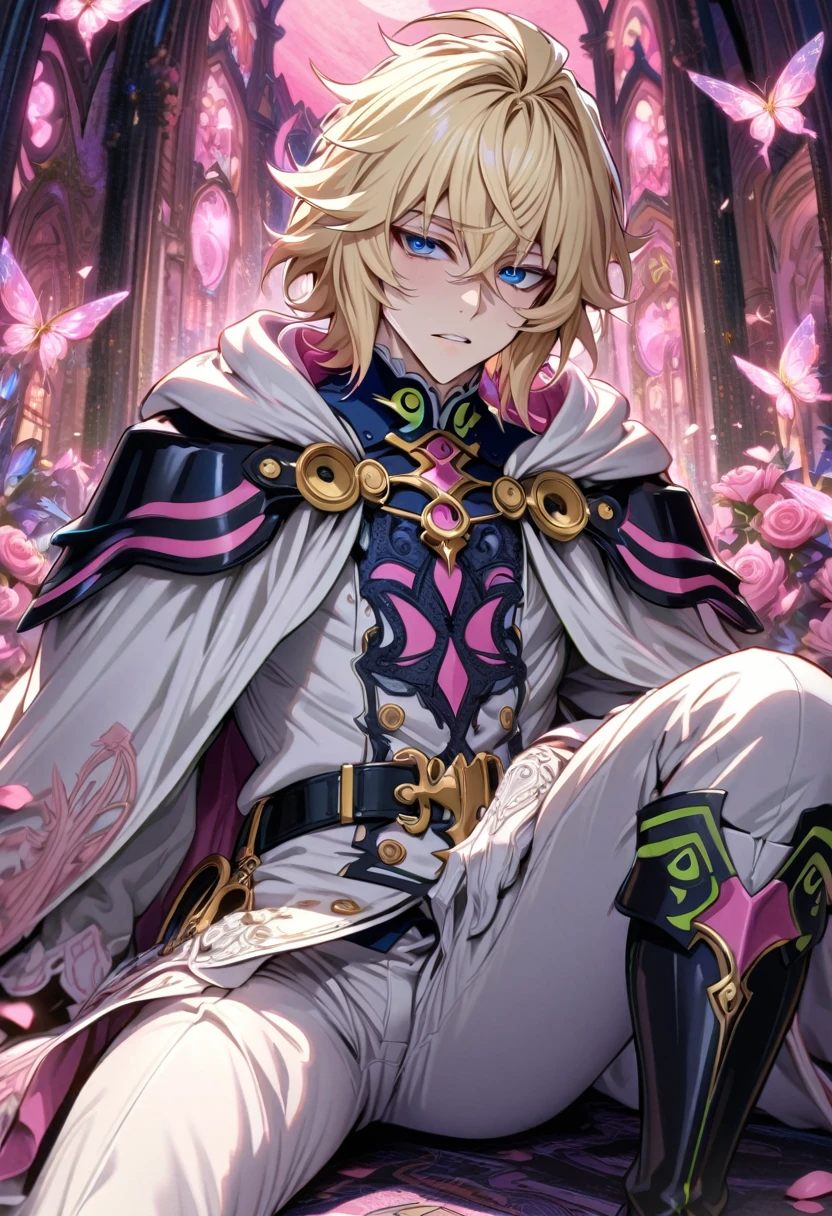 absurdres, highres, ultra detailed, HDR, masterpiece, extremely detailed, detailed eyes, detailed face, Hyakuya Mikaela, blonde hair, expressive blue eyes, Owari No Seraph, solo, sexy man, sitting, adult face, mature man, handsome, white clothes, white cape, white gloves, black belt, patterns, white pants, black knee boots, pink roses, pink petals, fantasy, magical, pink moon, pink glittering butterflies, pink round lights