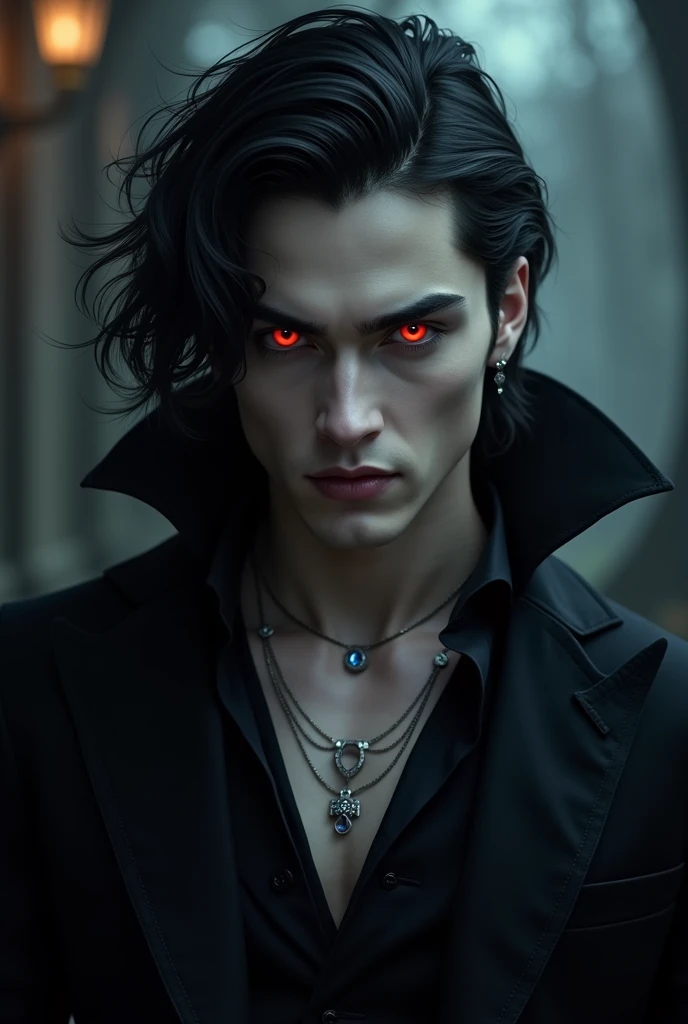 A handsome gorgeous male vampire, with black hair and striking red pupils 