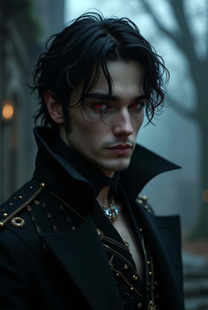 A handsome gorgeous male vampire, with black hair and striking red pupils