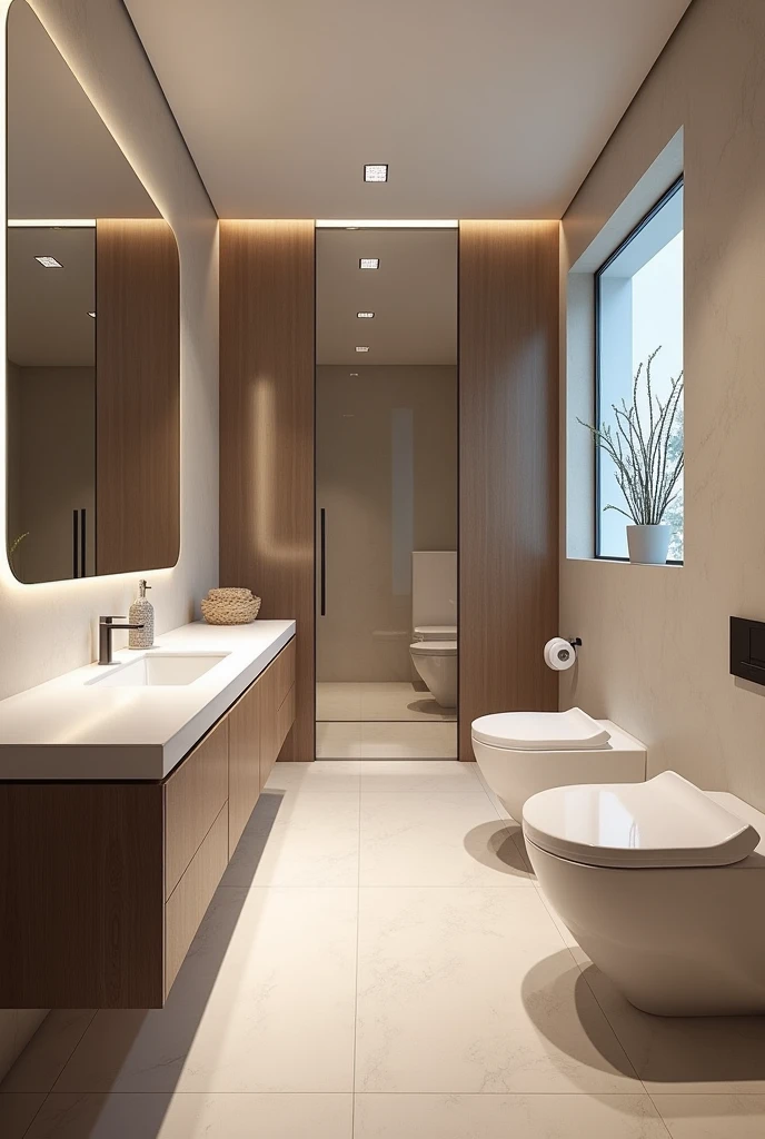 A luxurious, spacious bathroom showcasing advanced smart technology. Feature touchless faucets, self-cleaning toilets, and a smart mirror with smartphone capabilities. Highlight the smart window with advanced features. The design should emphasize both luxury and functionality, with technology as the focal point.