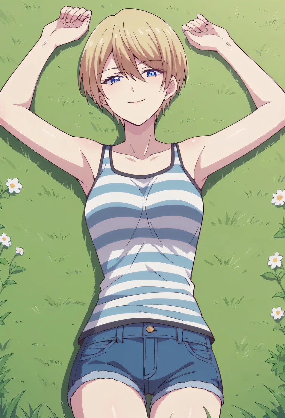 akane hououji, pixie cut, short hair, bangs, blue eyes, blonde hair, hblack_tank_top, striped_shirt, jean shorts, high quality, solo, lying, on back, arms up, spread arms, closed mouth, on grass, looking at viewer, cowboy shot, smile, best quality,