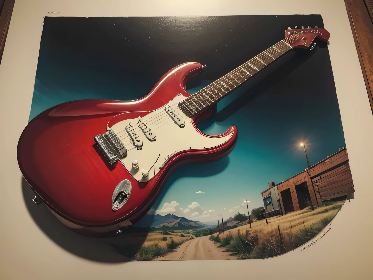 a colerfull painting with moldura, like a picture, with surrealist drawings in the style of the future, an electric red guitar