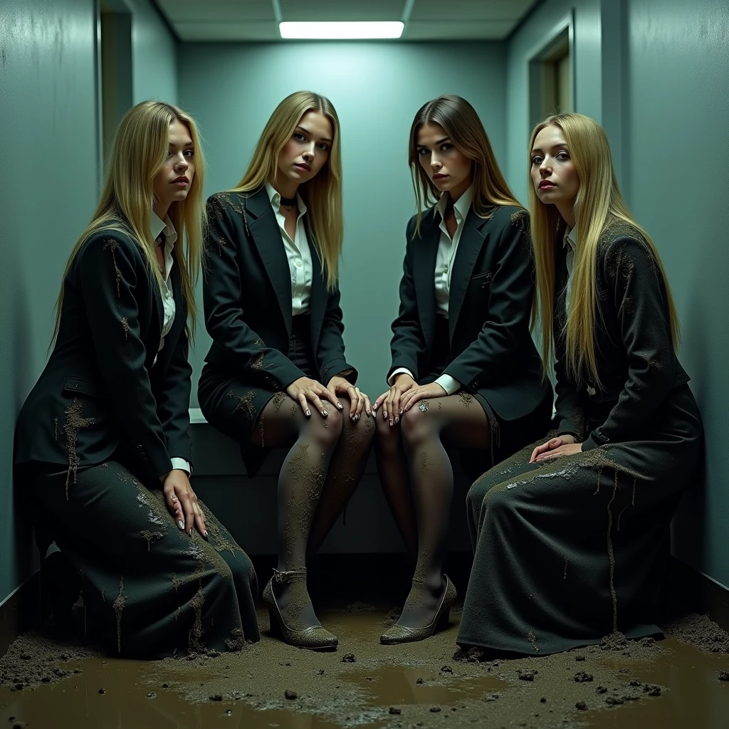 A dramatic photograph taken in an office setting features four different slender business ladies, each with a model appearance, blonde and brunette sitting on backs in flirty poses on the muddy floor and smear mud on own all clothes. Their very long, straight hair is disheveled, stained in liquid mud, cascades over their shoulders as they look directly at the viewer. They are dressed in dark elegant business skirt suits made from cotton and wool fabric, including long business pencil skirts, torn and ripped jackets, vests, torn white button-up shirts. The jackets, vests, and skirts are soiled with a thick, white, viscous liquid that drips down their clothing, creating a striking contrast against the cotton fabric. They smeared a lot of liquid mud on their skirts, jackets, vests, shirts, stockings, faces, and hair from head to toe. Their jacket, skirt are very torn, ripped, tired and muddy, dirty. The liquid covers their clothing, leaving many visible stains and streaks. They wear black chokers around their necks, adding to the eerie and unsettling atmosphere. Their smear dirt on own clothes. The background shows a muddy basement. The lighting is artificial and evenly distributed, highlighting the subjects' faces and upper bodies while creating soft shadows. The overall mood is dark, intense, and eerie, emphasized by the low-key lighting and the contrast between the clean, organized office space and the disheveled appearance of the women. The cool color palette and high contrast between the subjects and their surroundings contribute to the dramatic atmosphere, creating a sense of tension and foreboding in this surreal, otherworldly setting.