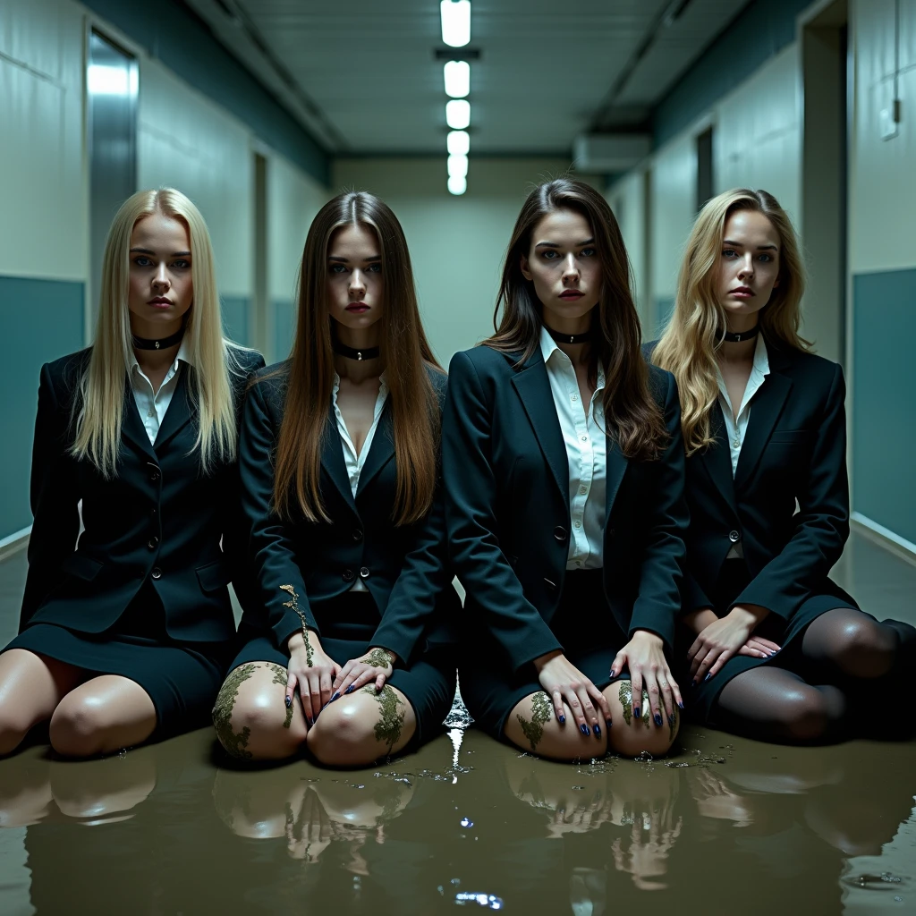 A dramatic photograph taken in an office setting features four different slender business ladies, each with a model appearance, blonde and brunette sitting on backs in flirty poses on the muddy floor and smear mud on own all clothes. Their very long, straight hair is disheveled, stained in liquid mud, cascades over their shoulders as they look directly at the viewer. They are dressed in dark elegant business skirt suits made from cotton and wool fabric, including long business pencil skirts, torn and ripped jackets, vests, torn white button-up shirts. The jackets, vests, and skirts are soiled with a thick, white, viscous liquid that drips down their clothing, creating a striking contrast against the cotton fabric. They smeared a lot of liquid mud on their skirts, jackets, vests, shirts, stockings, faces, and hair from head to toe. Their jacket, skirt are very torn, ripped, tired and muddy, dirty. The liquid covers their clothing, leaving many visible stains and streaks. They wear black chokers around their necks, adding to the eerie and unsettling atmosphere. Their smear dirt on own clothes. The background shows a muddy basement. The lighting is artificial and evenly distributed, highlighting the subjects' faces and upper bodies while creating soft shadows. The overall mood is dark, intense, and eerie, emphasized by the low-key lighting and the contrast between the clean, organized office space and the disheveled appearance of the women. The cool color palette and high contrast between the subjects and their surroundings contribute to the dramatic atmosphere, creating a sense of tension and foreboding in this surreal, otherworldly setting.