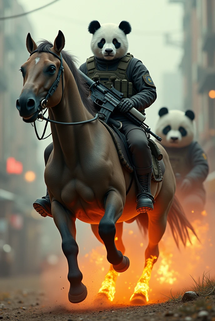 A man with a panda head riding a fiery horse with an M4 in his hand with a panda next to him as a mascot 