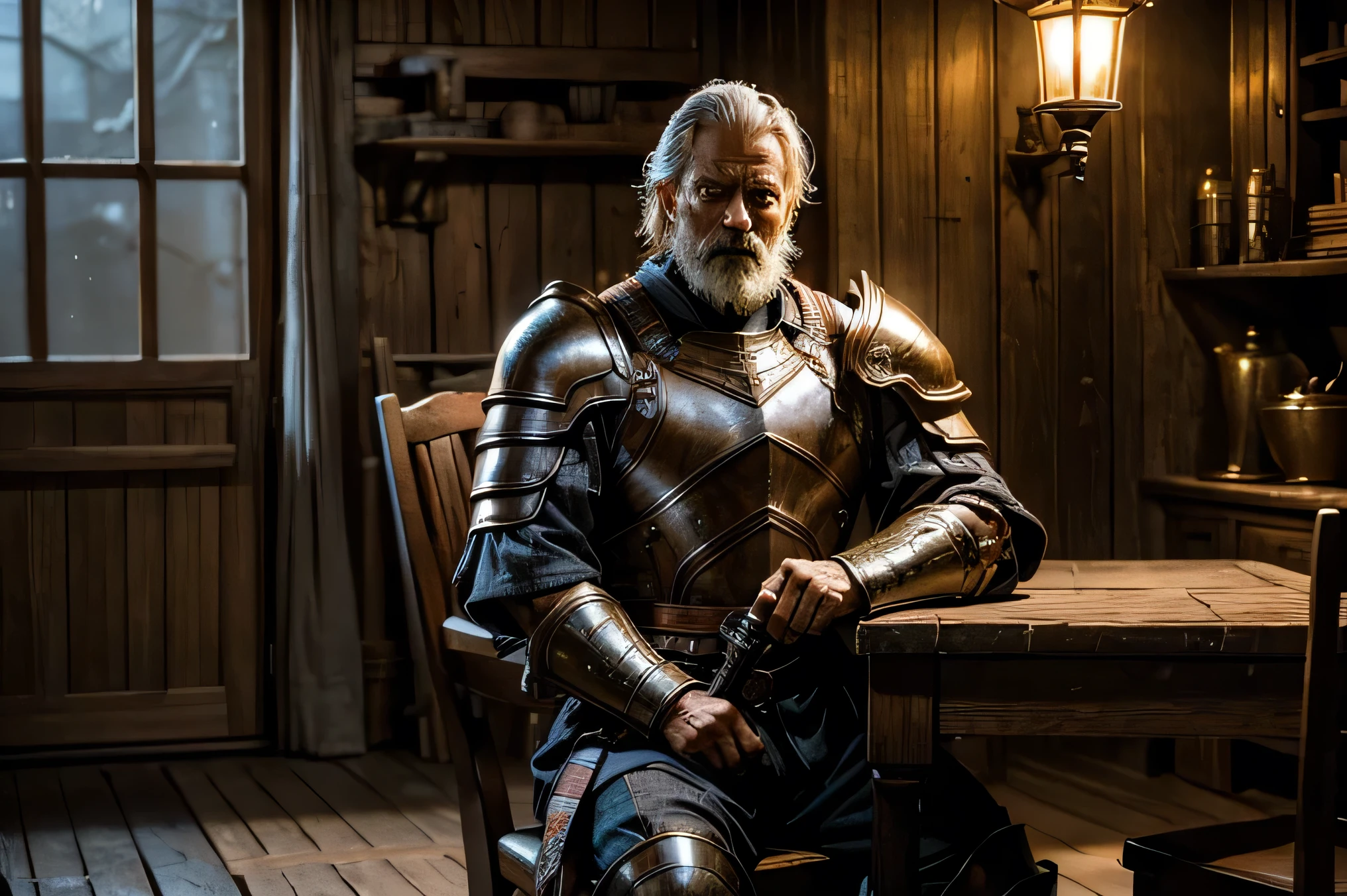 "He sits on a wooden chair in a dimly lit room. His upper body is the focus of the image, displaying a strong, determined posture. He is clad in sturdy, well-worn armor, reflecting experience and readiness for battle. The background of the room is blurred, suggesting a comfortable, functional space, perhaps hinting at rustic furniture or old tapestries. The lighting is soft, emphasizing the uncle's calm expression and the glow of his weapon."