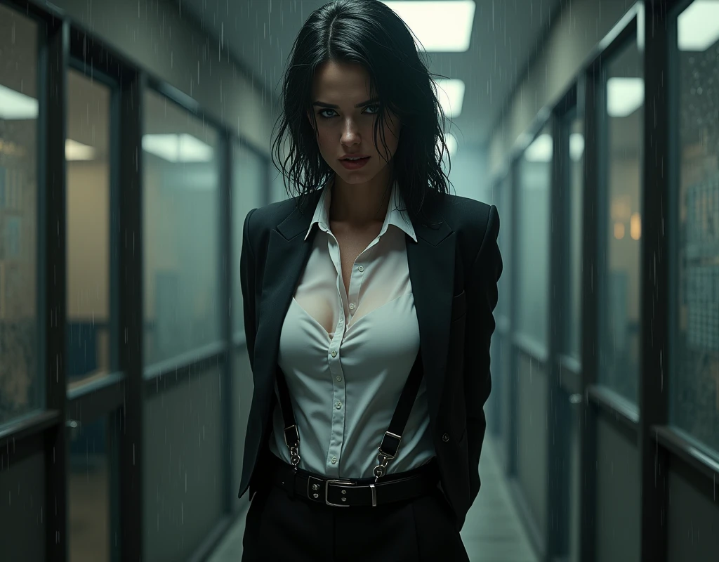 a woman in a suit, belt, hands behind back, sweating, suspenders, black pants, sexly, large breasts, see-through clothing, rain, detective, office worker, white button-up shirt, (best quality,4K,8k,highres,masterpiece:1.2),ultra-detailed,(realistic,photorealistic,photo-realistic:1.37),hyper-detailed,highly detailed face and body, Slender　thin　suspenders　Moderate breasts　See-through shirt　Nipples　holster　chain　Pistol　Armament　criminal　Female criminal　knife　japanese　profile　Japanese women　arrested handcuff　Cable tie on thumb　Constraints
