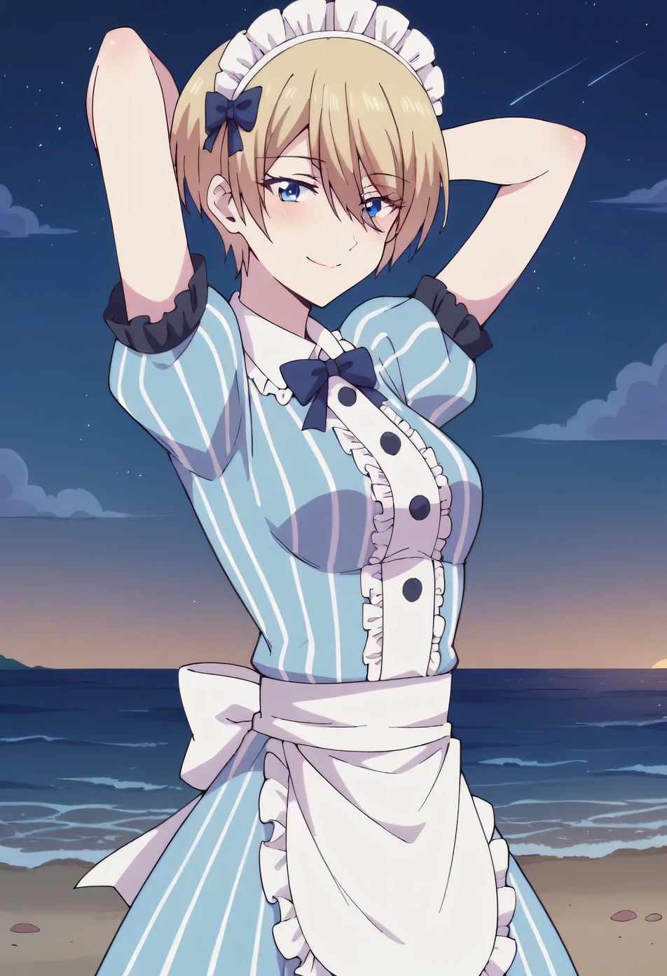 akane hououji, pixie cut, short hair, bangs, blue eyes, blonde hair, hair between eyes, dress, bow, short sleeves, frills, striped, apron, maid, maid headdress, blue dress, waist apron, white apron, vertical stripes, high quality, solo, blushing, night sky, beach, arms behind head, medium breast, contrapposto, closed mouth, spread armpits, cowboy shot, looking at viewer, smile, best quality,